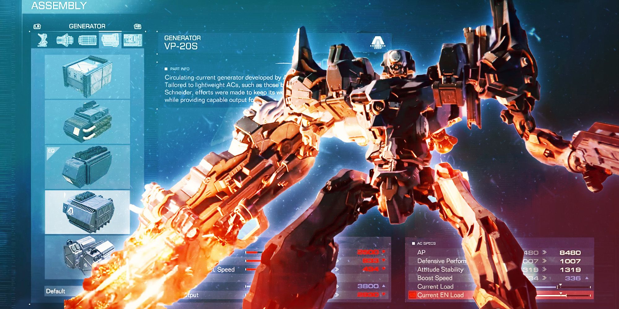 Armored Core 6 Strong First Mech Design Next to Assembly Internal Parts Menu Players can Find in the Garage