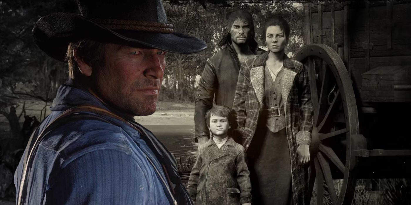 Arthur Morgan and a black and white Marston family photo