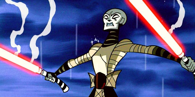 Asajj Ventress on Yavin 4, holding her two red lightsabers as it starts raining in the Star Wars: Clone Wars 2D Micro-Series.