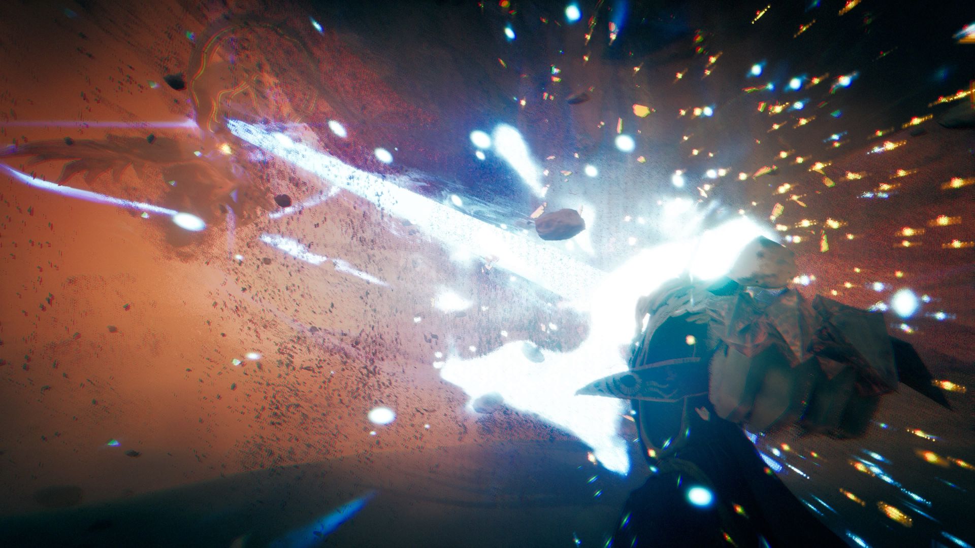 Gameplay screenshot of Atlas Fallen shows main character getting blasted in the face by a blue laser as sand and sparks disbursed around the impact and the hero’s fist is clenched towards the camera.
