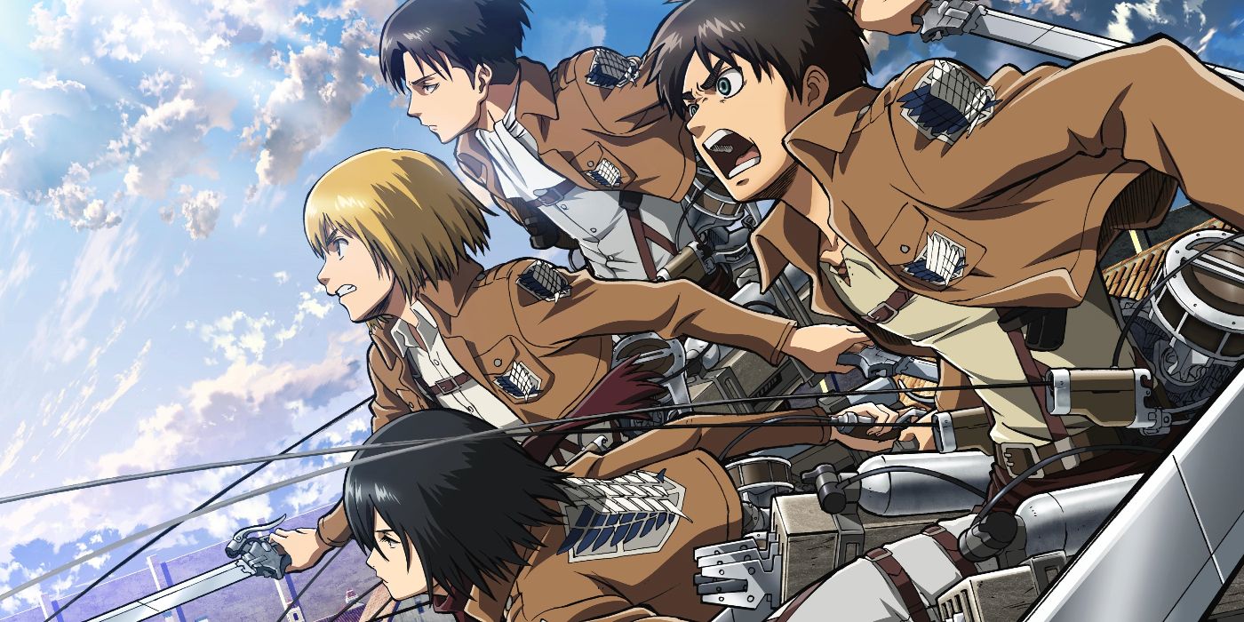 Arte oficial de Attack on Titan da 1ª temporada, apresentando Eren, Mikasa, Armin e Levi saltando por uma cidade.