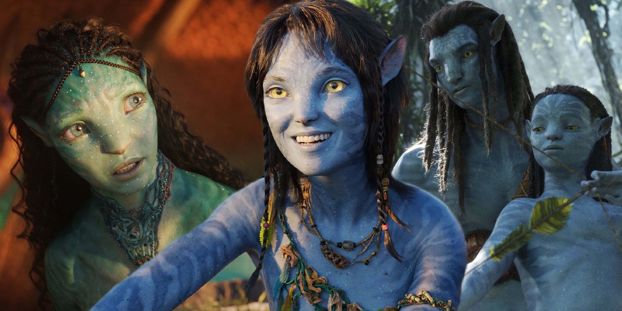 A composite image of Tsireya, Kiri, Jake, and young Neteyam in Avatar 2