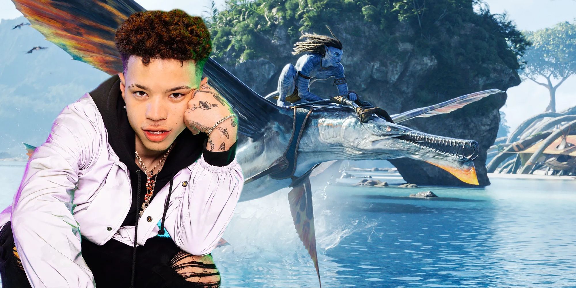 A composite image of Lil Mosey and Jake Sully from Avatar 2