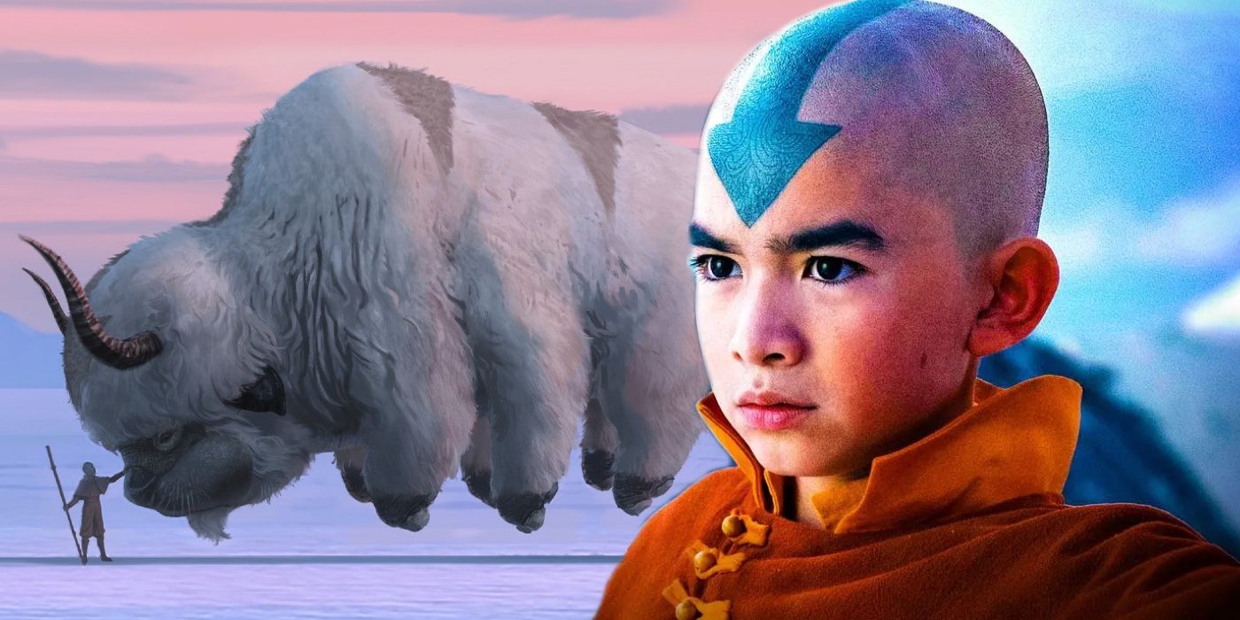 An image of Gordon Cormier as Aang in Netflix's live-action Avatar: The Last Airbender over an image of Aang and Appa