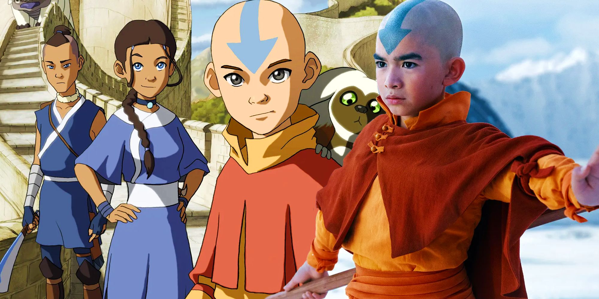 Aang from Avatar: The Last Airbender on Netflix next to the characters from the original show