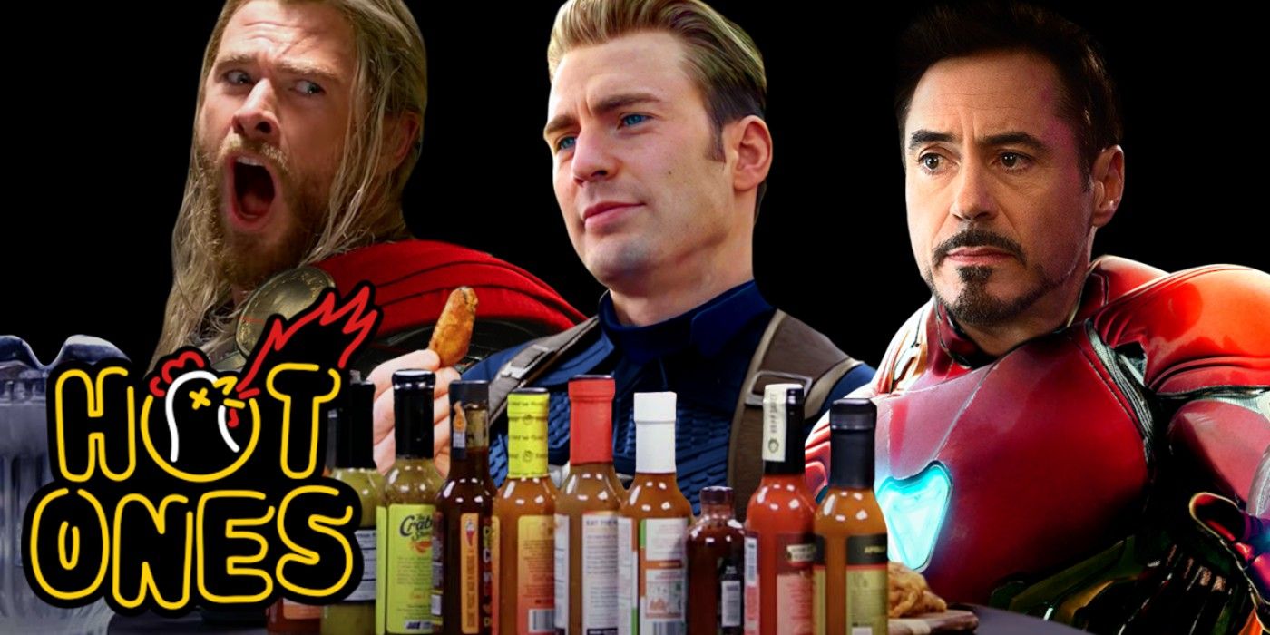 The Avengers (Thor, Captain America, and Iron Man) photoshopped into the set up of Hot Ones​​​​​​​.