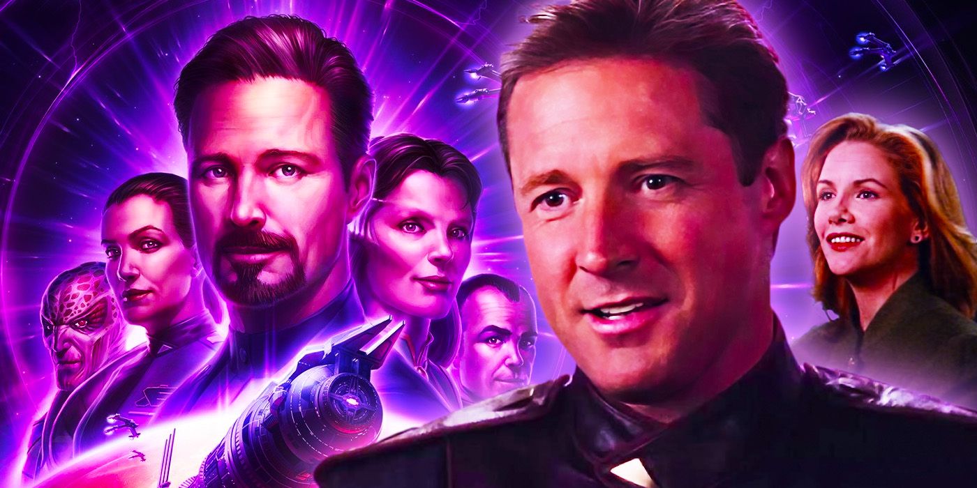 Sheridan in front of a character collage for Babylon 5