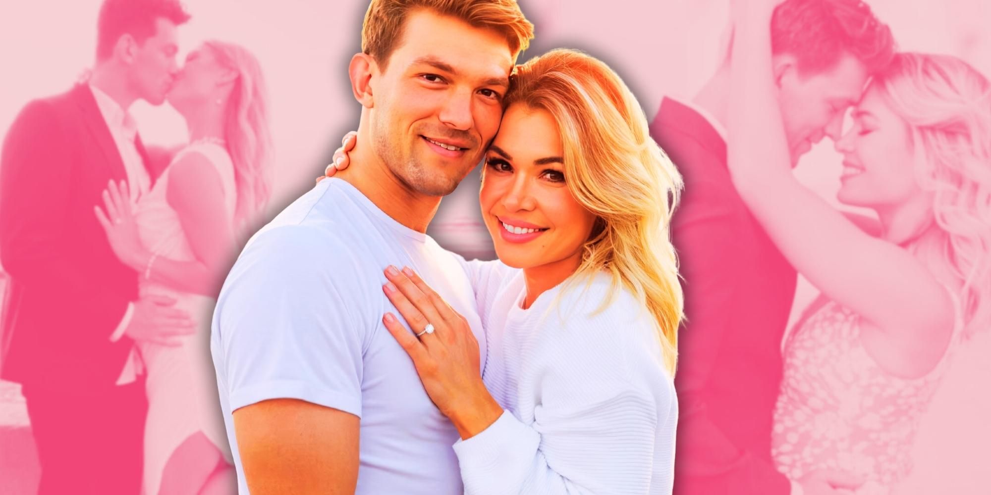 Montage of Bachelor In Paradise’s Krystal Nielson &amp; Miles Bowles embracing, with a pink background