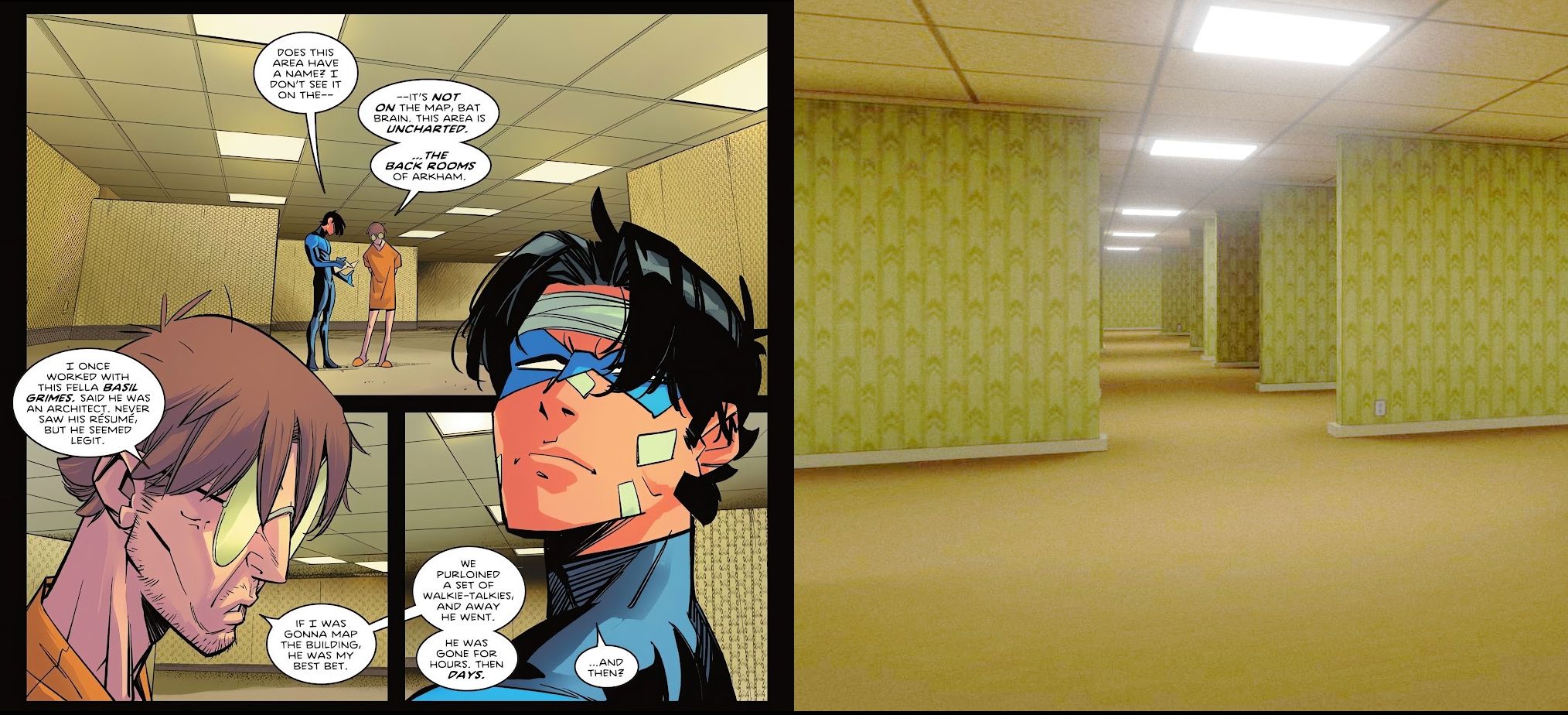 On the left, Scarecrow explains the “Back Rooms of Arkham” to Nightwing; on the right, a digital render of The Backrooms, by Huuxloc. The two environments feature the same wallpaper, carpeting and lighting.