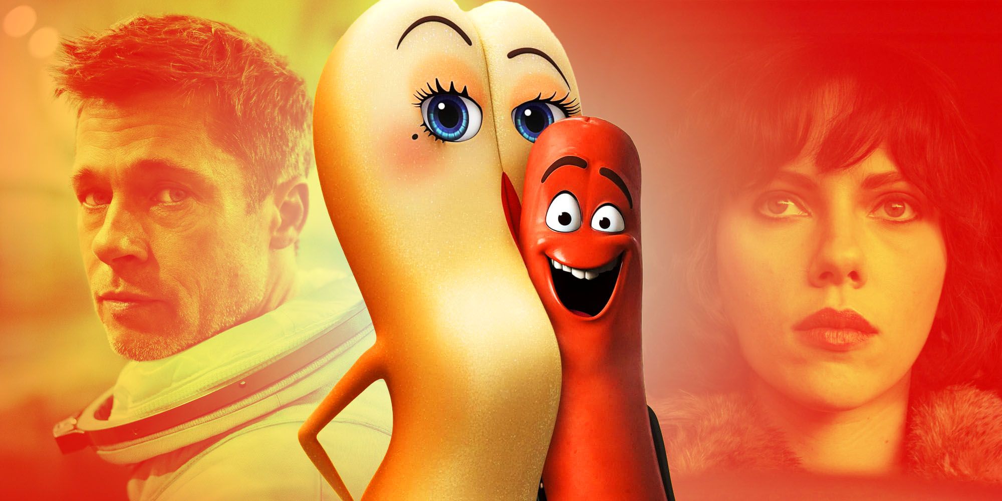 Collage of bad movies that critics loved: Brad Pitt in Ad Astra, hot dog and bun from Sausage Party and Scarlett Johansson in Under the Skin.
