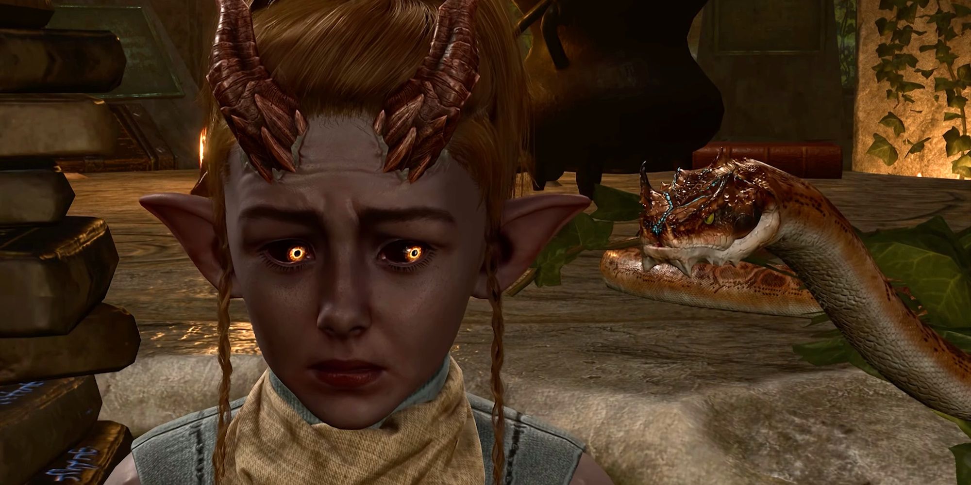 The young tiefling child Arabella looks terrified as a snake threatens her in Baldur's Gate 3