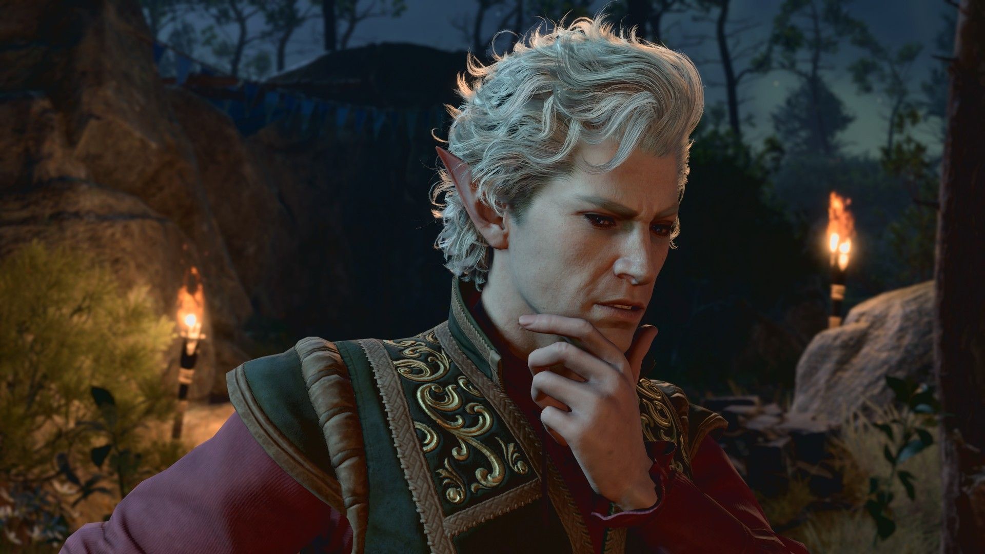 Baldur&rsquo;s Gate 3&rsquo;s Astarion with a hand on his chin looking contemplative.
