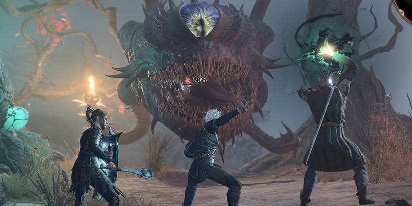 Shadowheart, Wyll, and Astarion in Baldur's Gate 3 battling a Beholder.