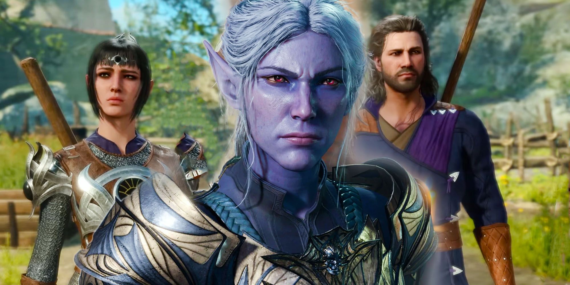 Three Baldur's Gate 3 companions. In the center is Minthara, a dark elf with red eyes and silver hair. Over her shoulders are Shadowheart, a high half-elf, and Gale, a human. Both have lighter complexions and dark hair. All three are in front of a countryside background.