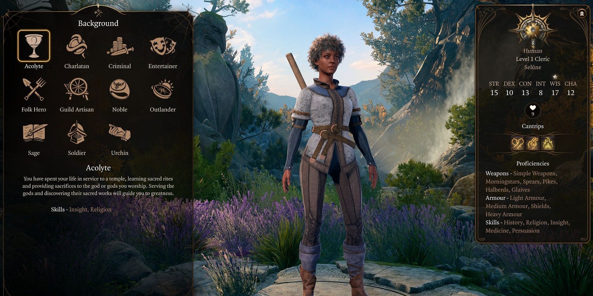 Screenshot of Baldur's Gate 3 character creator making a female human cleric