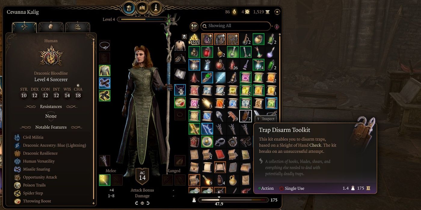 Baldur's Gate 3 character inventory showing thieves tools and trap disarm toolkits should be kept