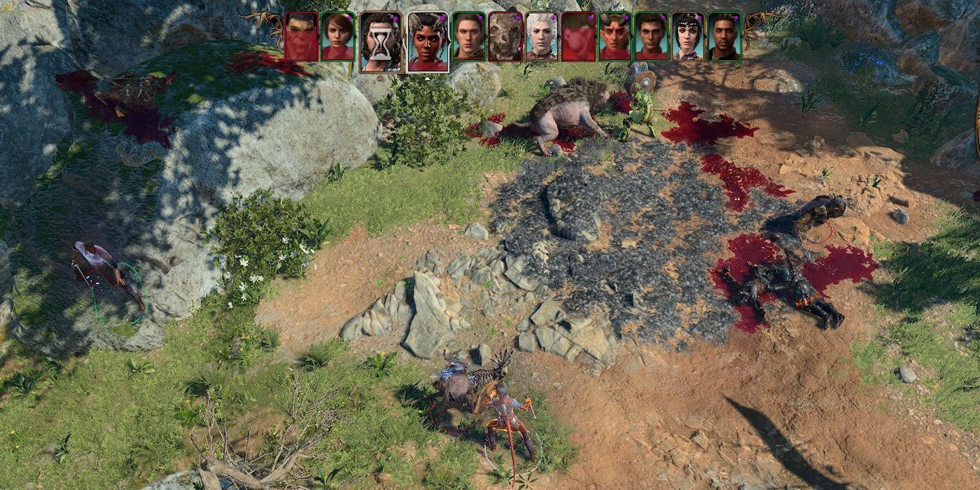 A battle in Baldur&rsquo;s Gate 3 showing the initiative tracker at the top of the screen.