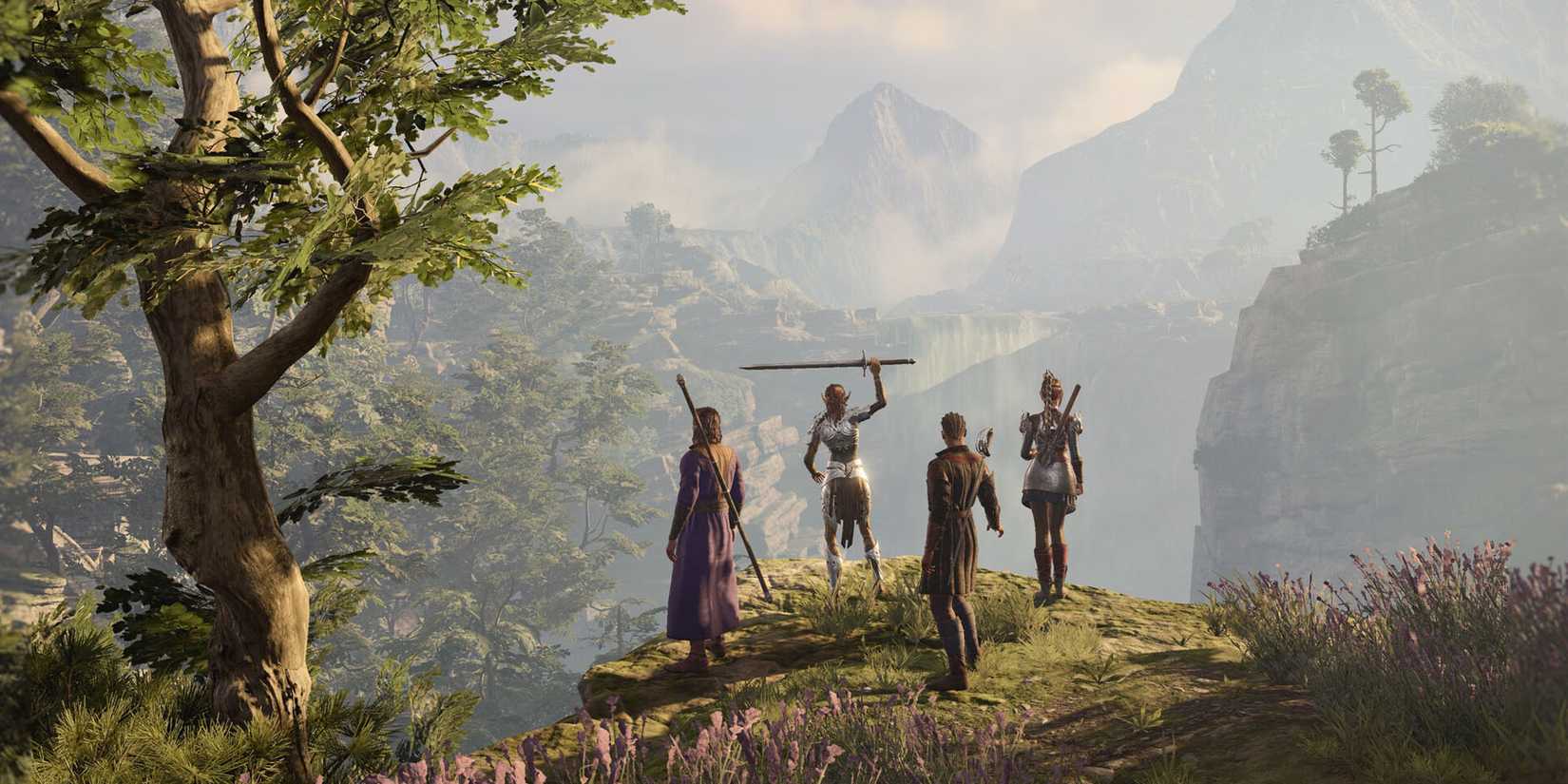 A Baldur's Gate 3 party standing at the edge of a cliff.