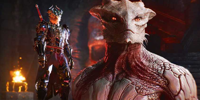 Images of the Dark Urge as a dragonborn in Baldur's Gate 3.