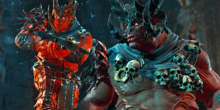 The towering, devilish Yurgir brandishes a crossbow. At right, another image of Yurgir, this time concernedly looking to his right.