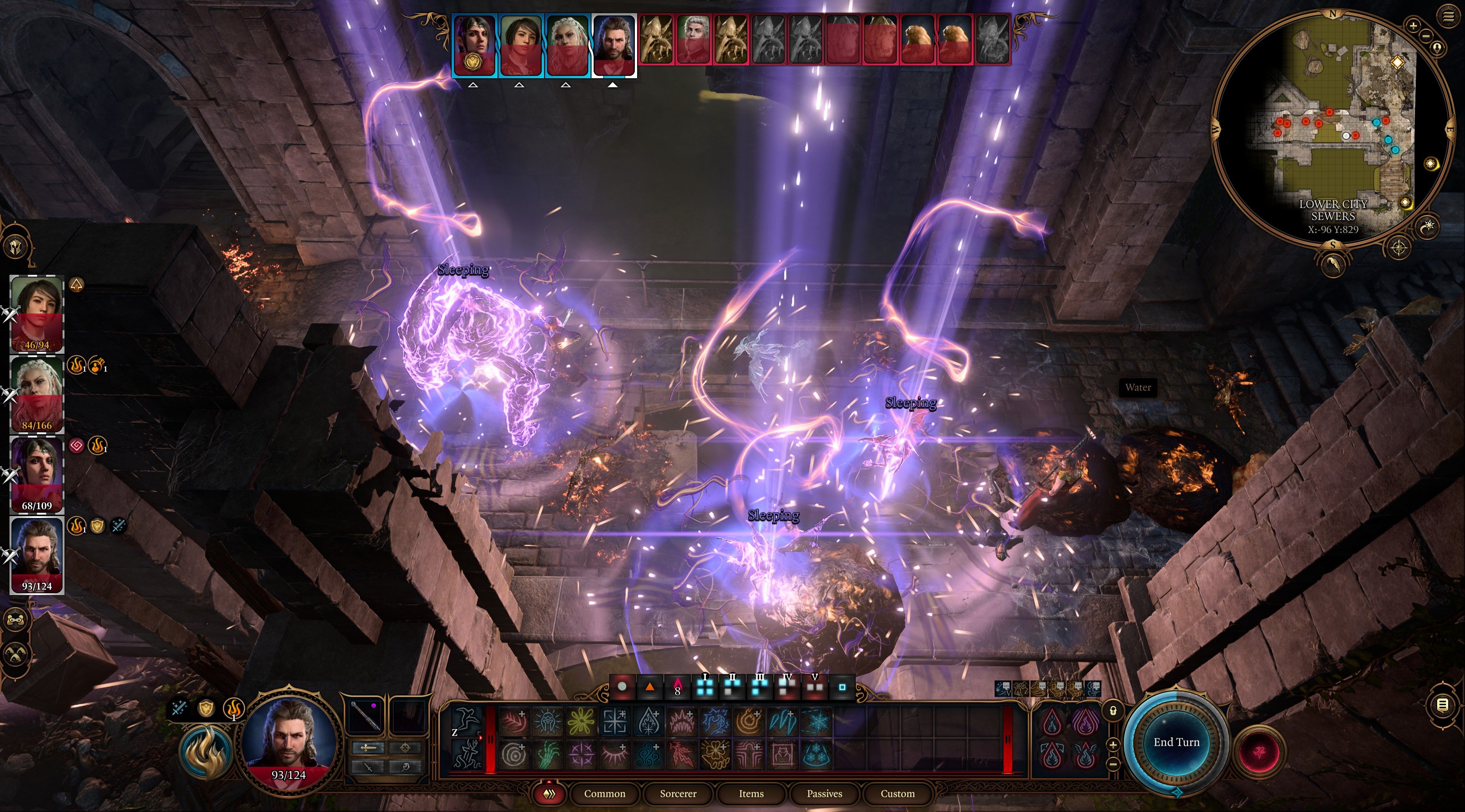 Baldur&rsquo;s Gate 3 Sorcerer Using Sleep On Multiple Enemies In Baldur&rsquo;s Gate Sewers.