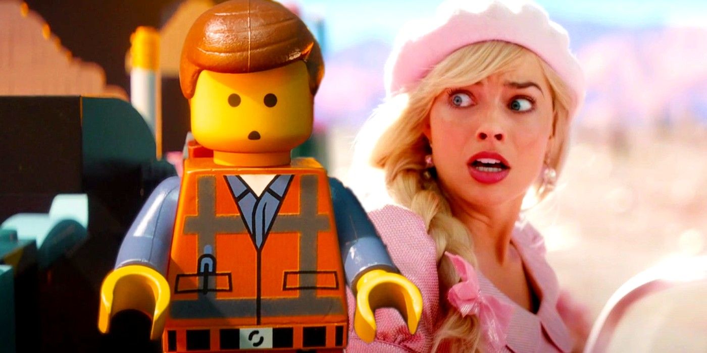 Barbie looking scared and Emmett looking shooked in The Lego Movie