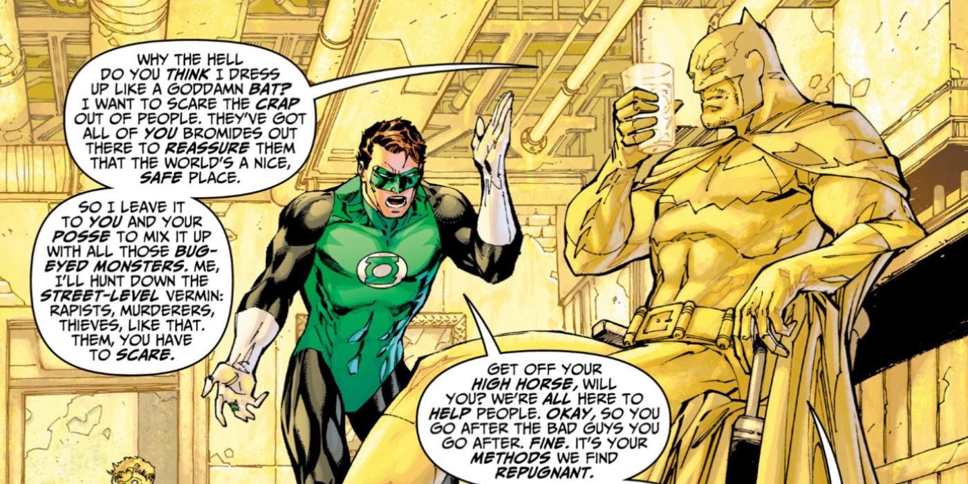 Batman sipping lemonade in an all-yellow batsuit while Green Lantern reprimands him