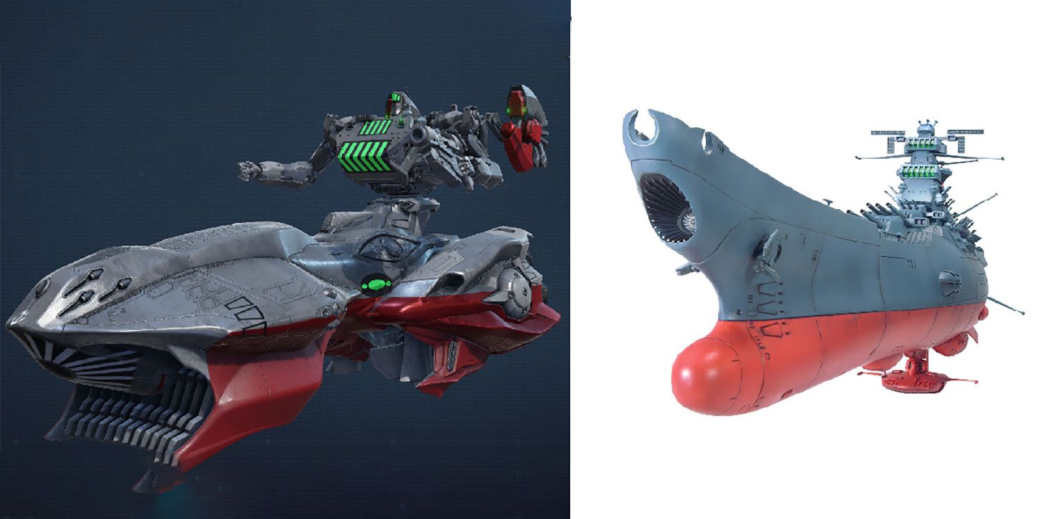 Red and gray Space Battleship Yamato mech recreation inside of the Armored Core 6 Engine next to a model of the ship.