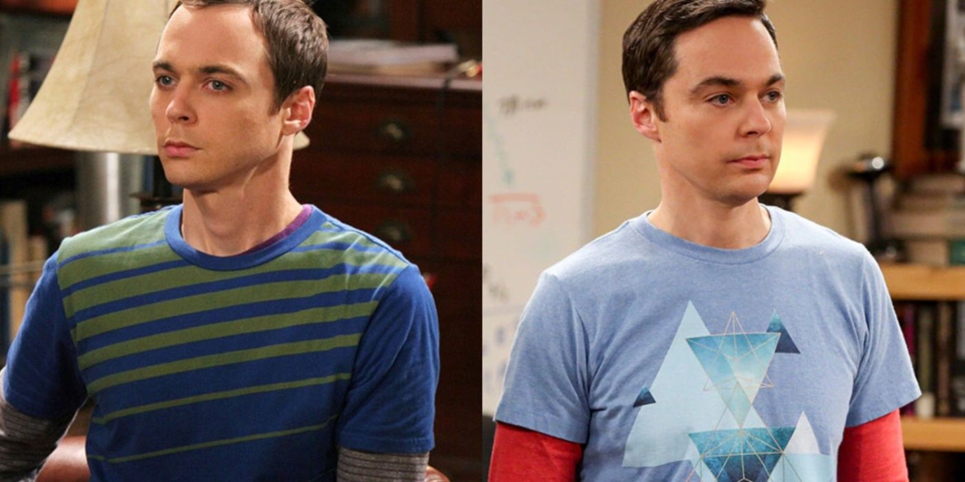 A split image features Jim Parsons in the first and last seasons of The Big Bang Theory