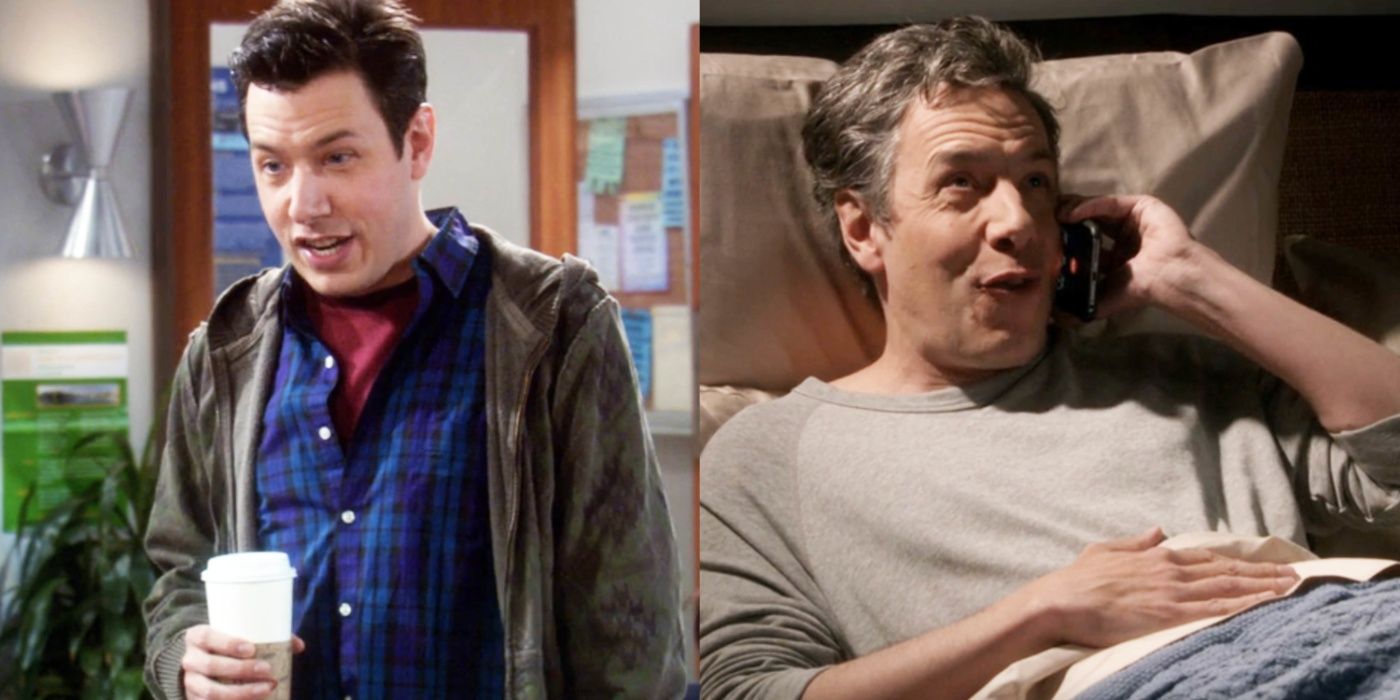 A split image features John Ross Bowie in one of his first and one of his last The Big Bang Theory appearances