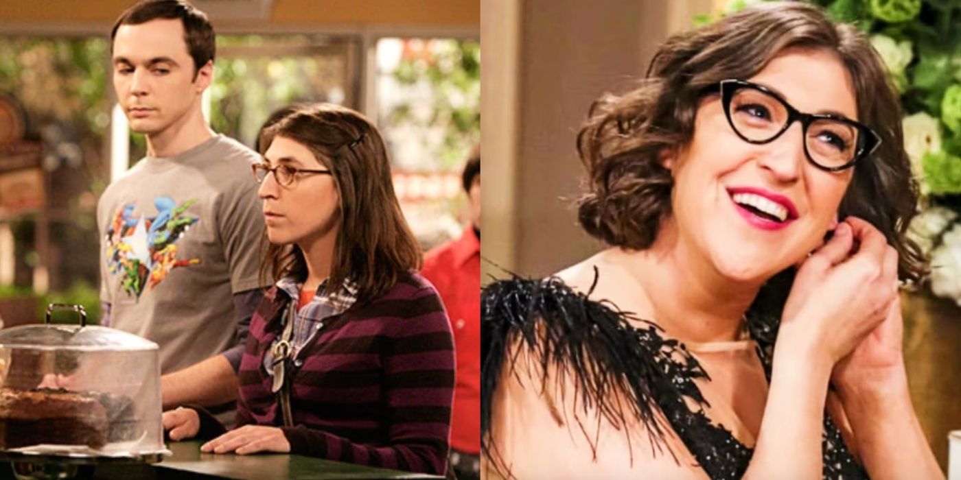 A split image features Mayim Bialik in her first The Big Bang Theory appearance and in season 12