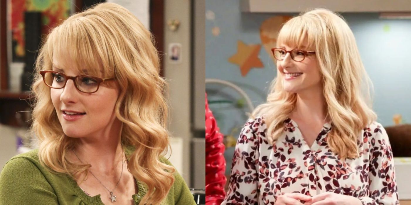 A split image features Melissa Rauch in one of her first and one of her last The Big Bang Theory appearances