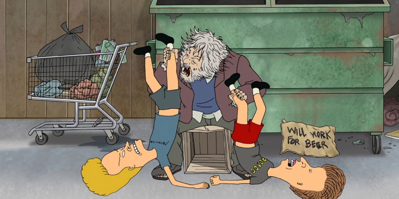 Beavis and Butt-Head being bitten by a homeless man