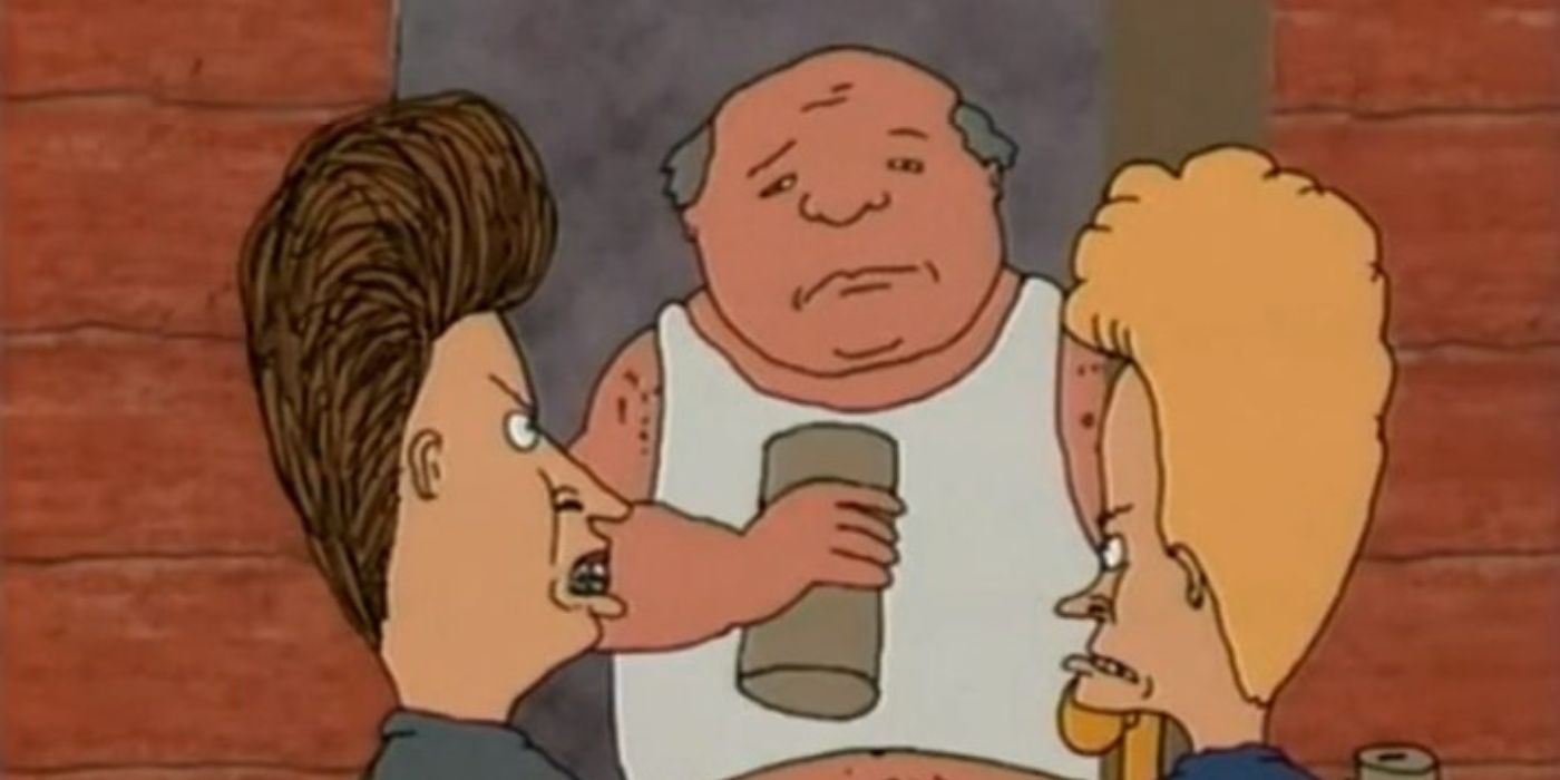 Beavis and Butt-Head looking at an old man in the doorway