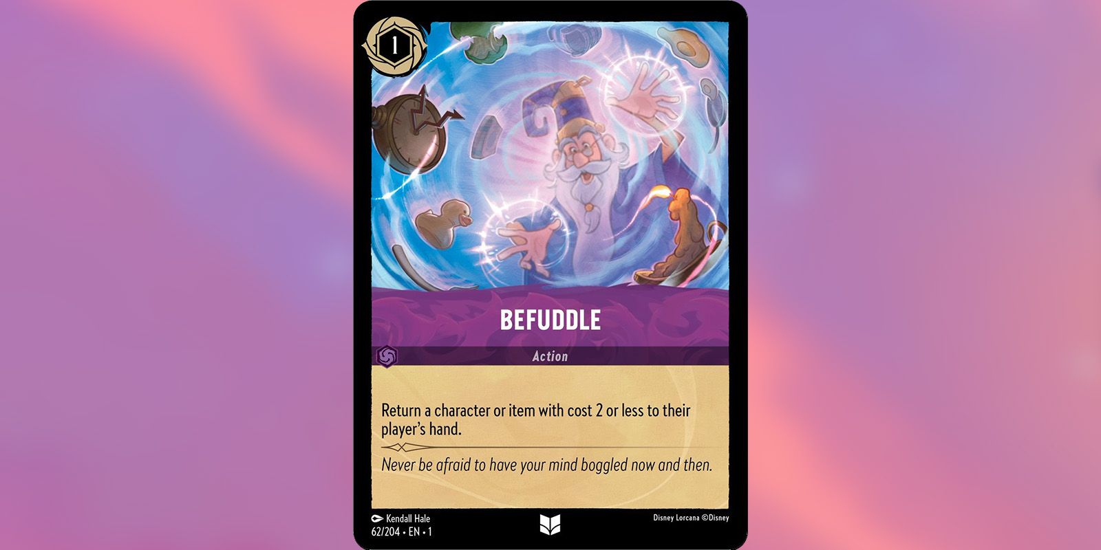 Merlin flying objects through the air with magic on a Disney Lorcana card.