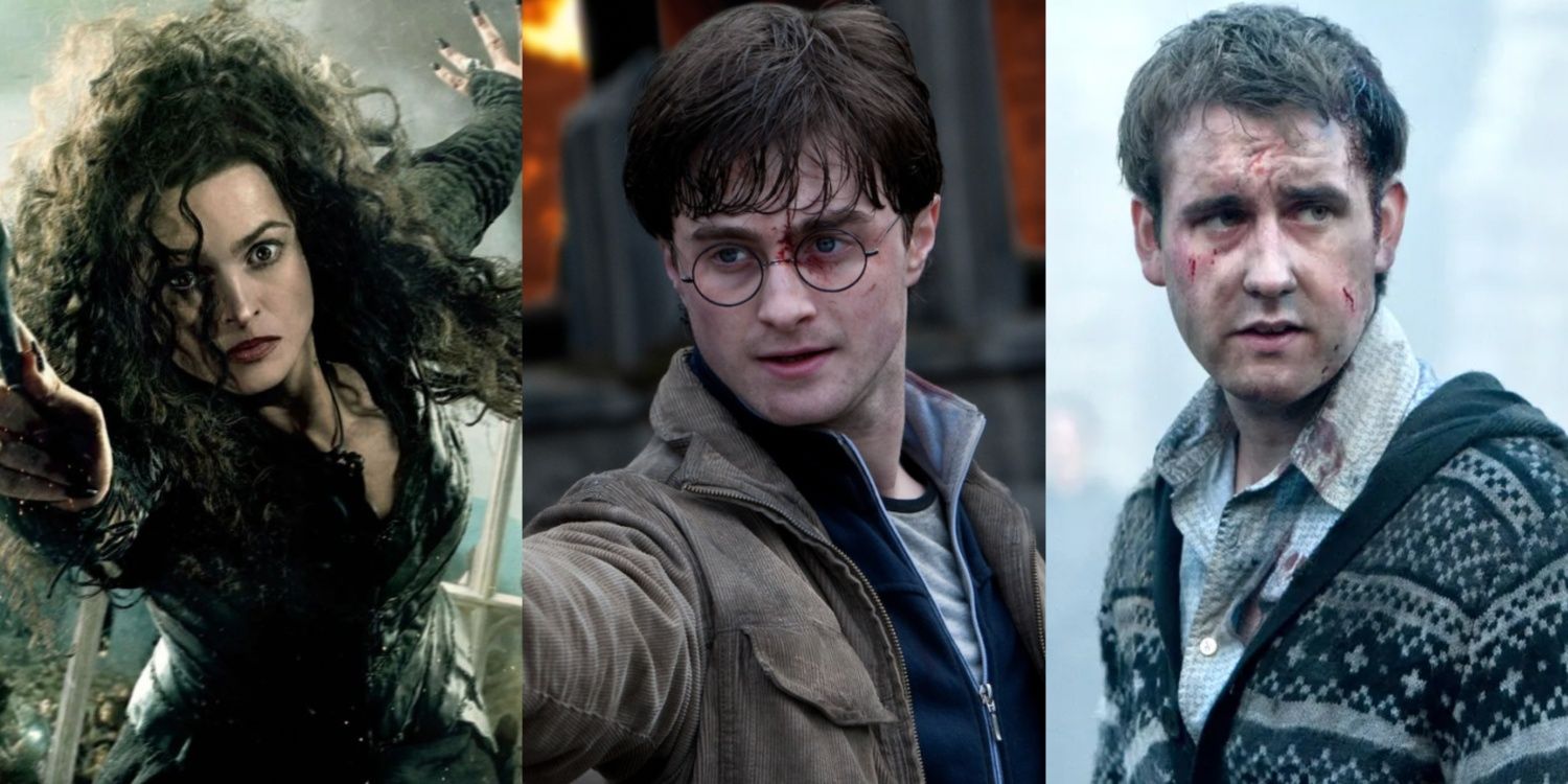 A side-by-side image features Bellatrix Lestrange, Harry Potter, and Neville Longbottom in the Harry Potter franchise
