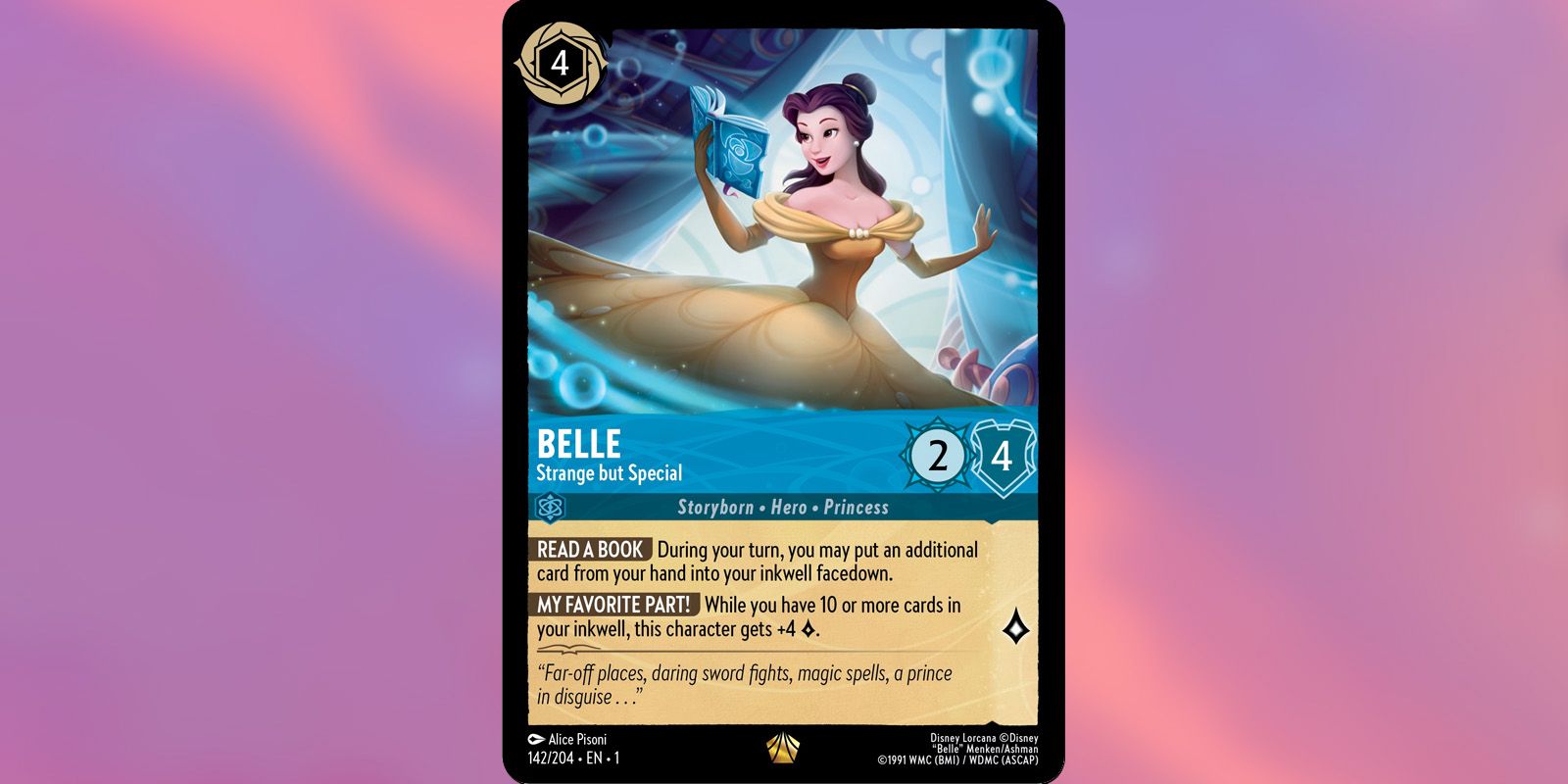 Belle Strange But Special card in Disney Lorcana showing the princess with a book.