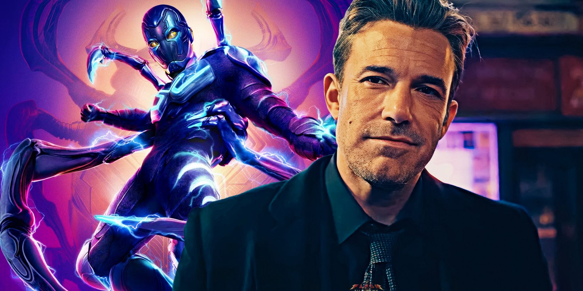 Ben Affleck as Bruce Wayne from The Flash next to the poster for Blue Beetle