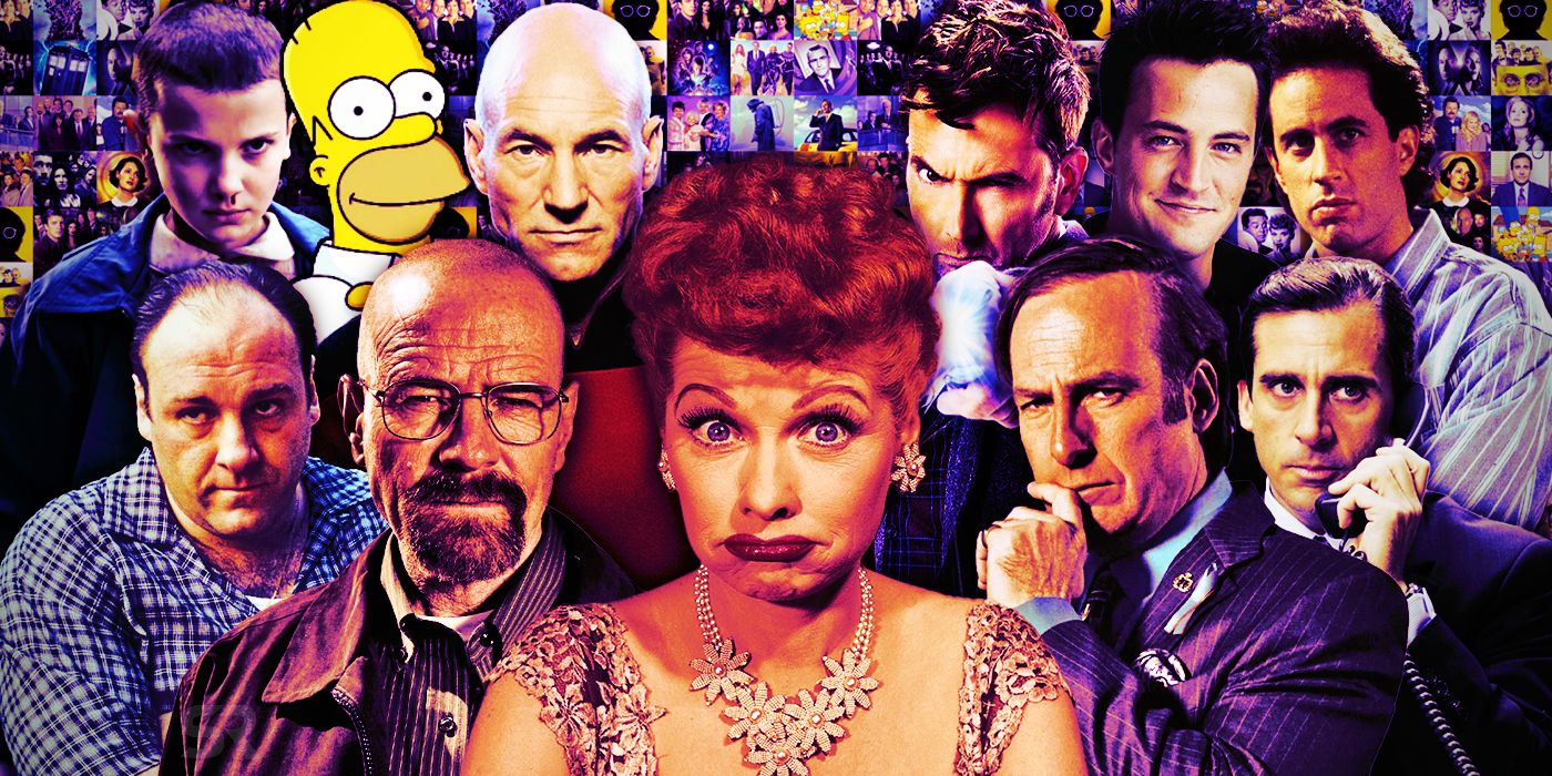 Collage with characters from I Love Lucy, Breaking Bad, BCS, The Office, Seinfeld, Friends, Doctor Who, Star Trek, Simpsons, and Stranger Things