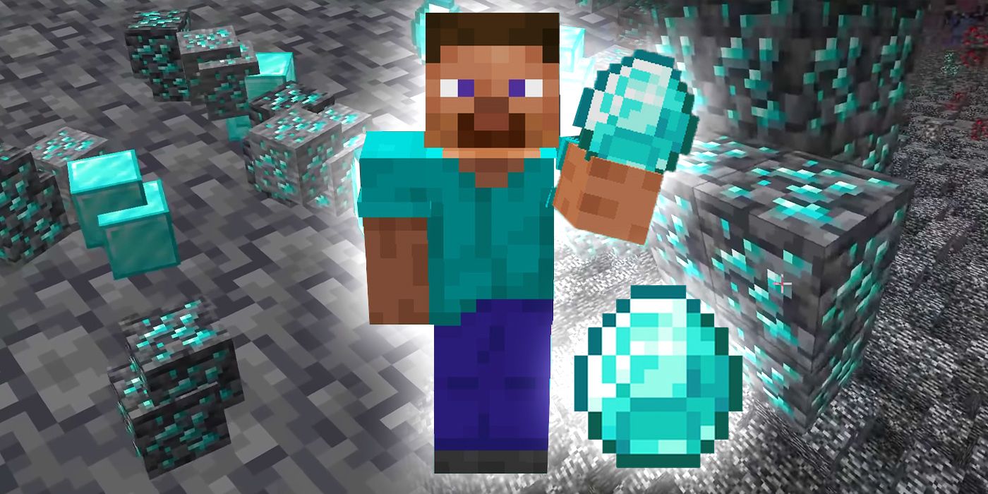 Steve from Minecraft holding a Diamond with Diamond blocks behind him