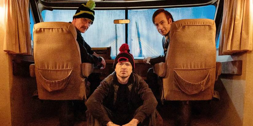 Bryan Cranston, Aaron Paul, and Bob Odenkirk as Walter White, Jesse Pinkman, and Saul Goodman in Better Call Saul