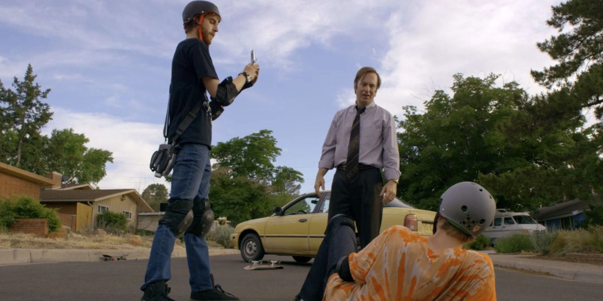 Skateboarders and Jimmy McGill in Better Call Saul
