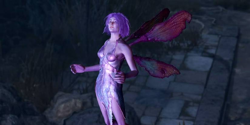 The pixie Dolly Dolly Dolly, a small humanoid with purple skin, hair, and insectoid wings, in Baldur's Gate 3.
