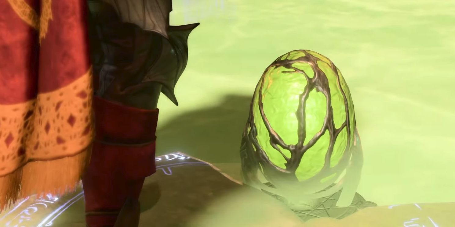 A screenshot of the githyanki egg in Baldur's Gate 3. It's a large, neon green egg about the size and shape of a large coconut, covered in brown, veiny tendrils. It sits in a simmering pool of green liquid.