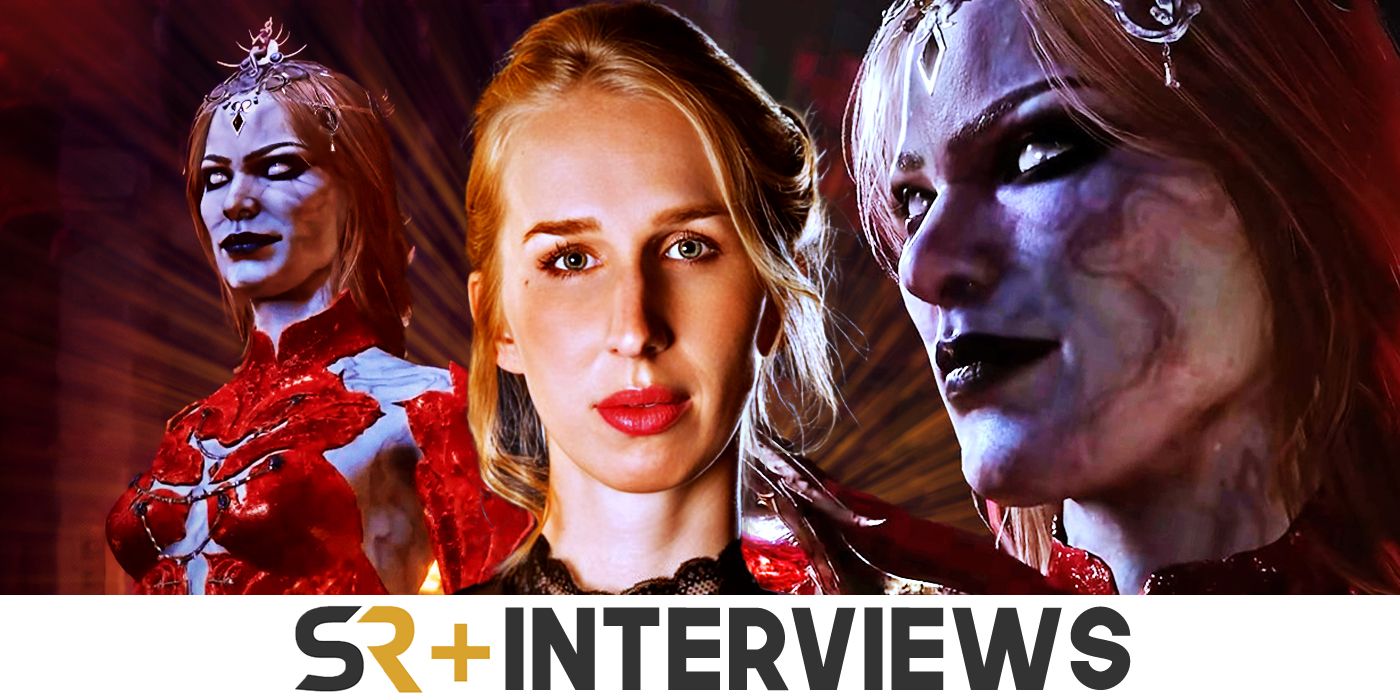 Maggie Robertson between two images of Baldur's Gate 3's Orin the Red, with the SR Interviews logo below.