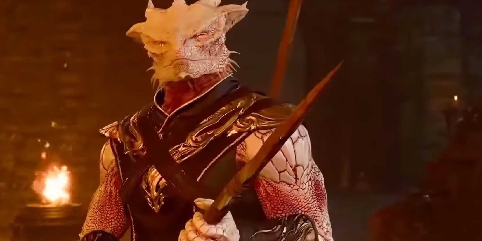 A lizard-like dragonborn monk wears an armored vest and brandishes a pointed staff.