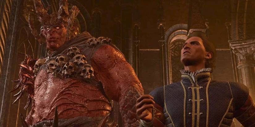 Yurgir glowers while Raphael looks down his nose with a haughty expression in a screenshot from Baldur's Gate 3.