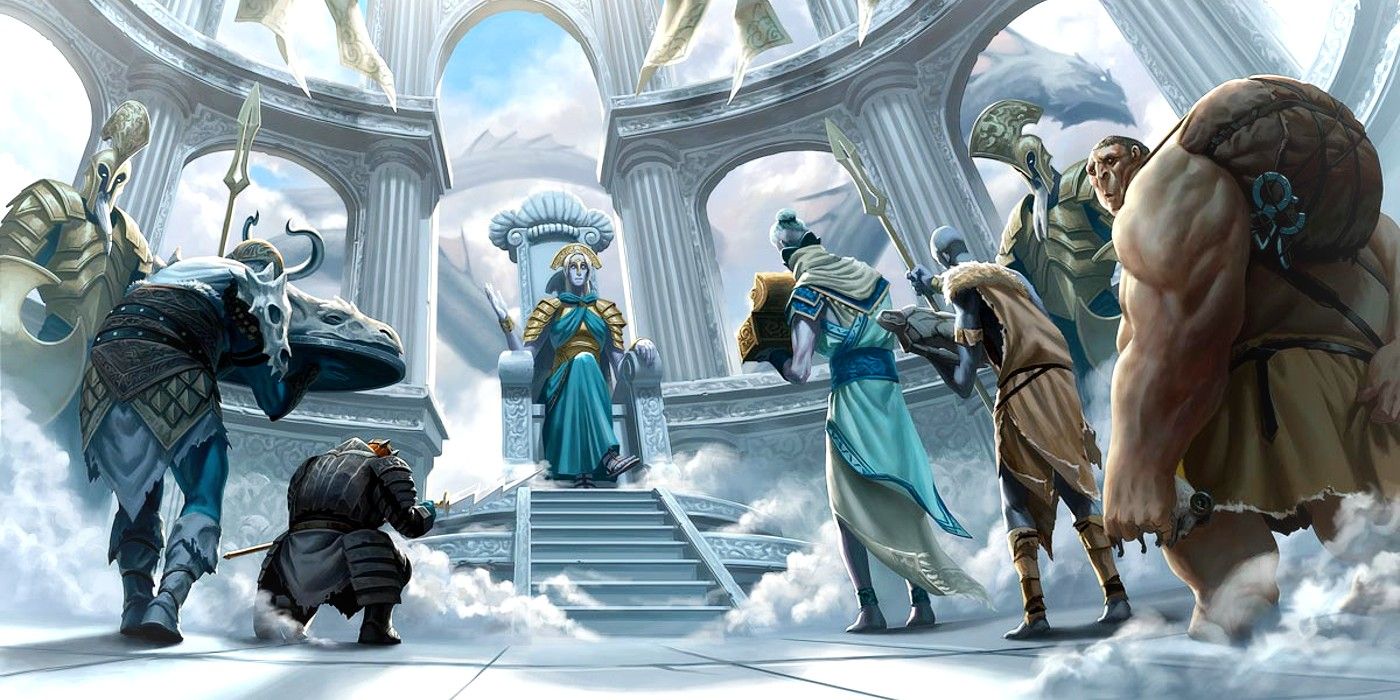Characters from DnD coming to offer treasures to a giant on a throne with clouds swirling nearby.