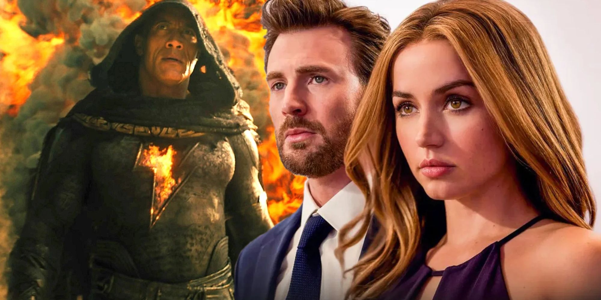 Dwayne Johnson as Black Adam next to Chris Evana and Ana De Armas in Ghosted