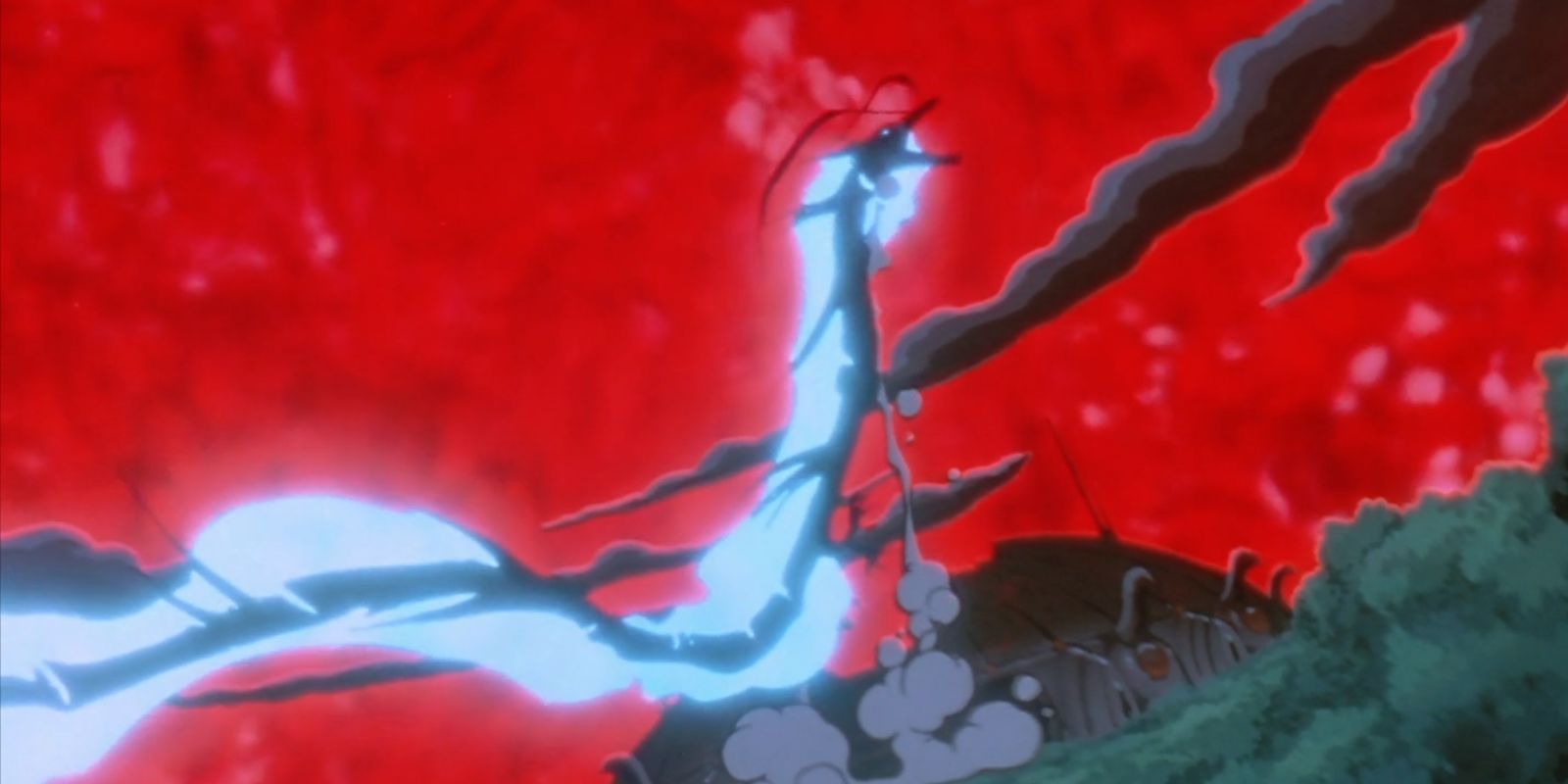 Black and blue flame dragon against a red sky destroying a stadium in Yu Yu Hakusho